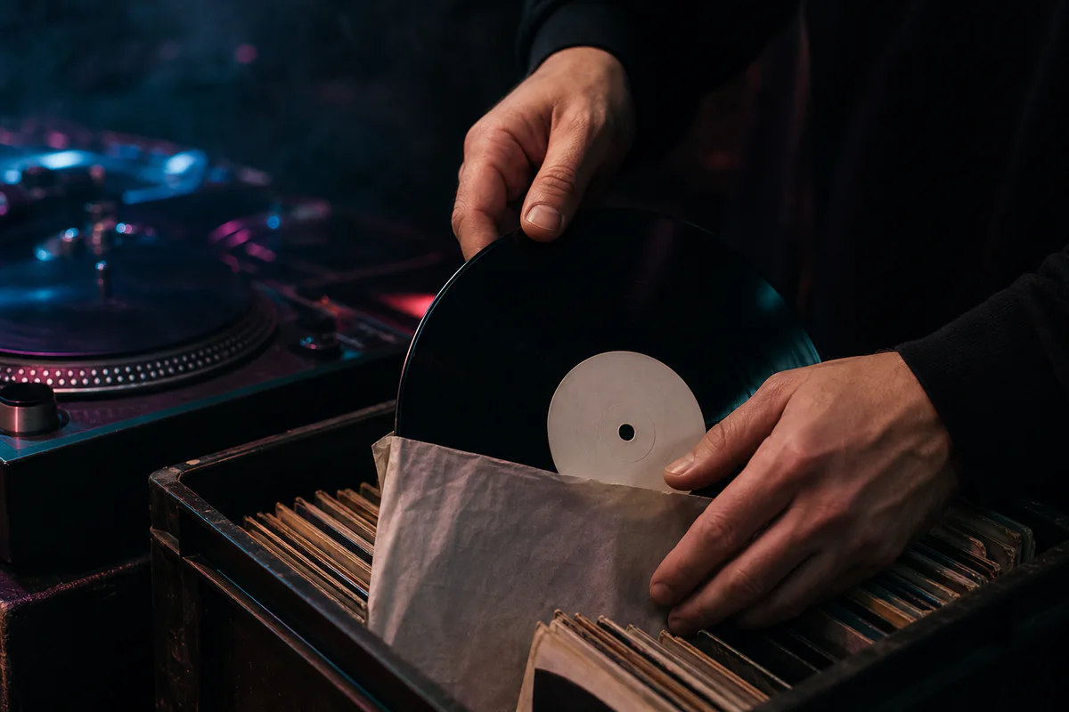 Un DJ sort un disque vinyle de sa pochette près d’une platine