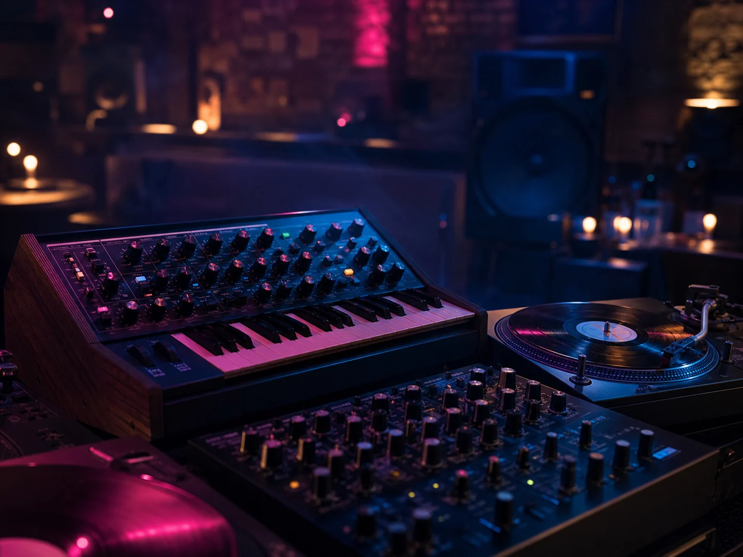 Synthétiseur analogique, platine vinyle et console de mixage dans une ambiance Deep House nocturne.