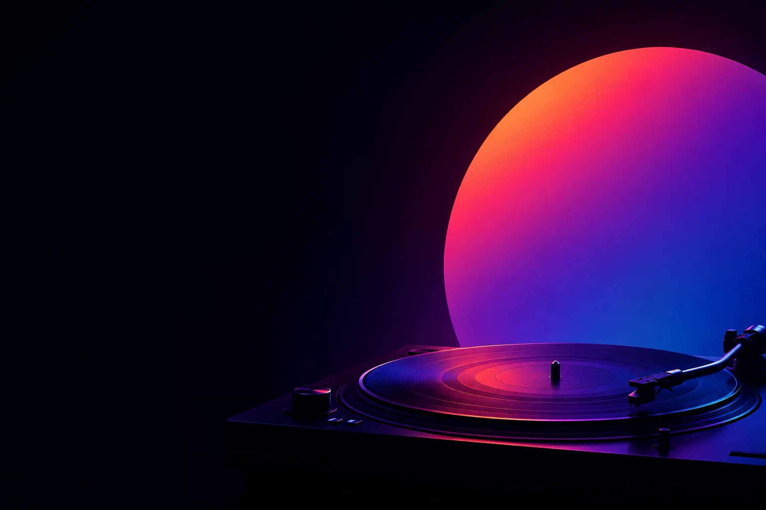 Platine vinyle éclairée par un disque lumineux rose, violet et bleu