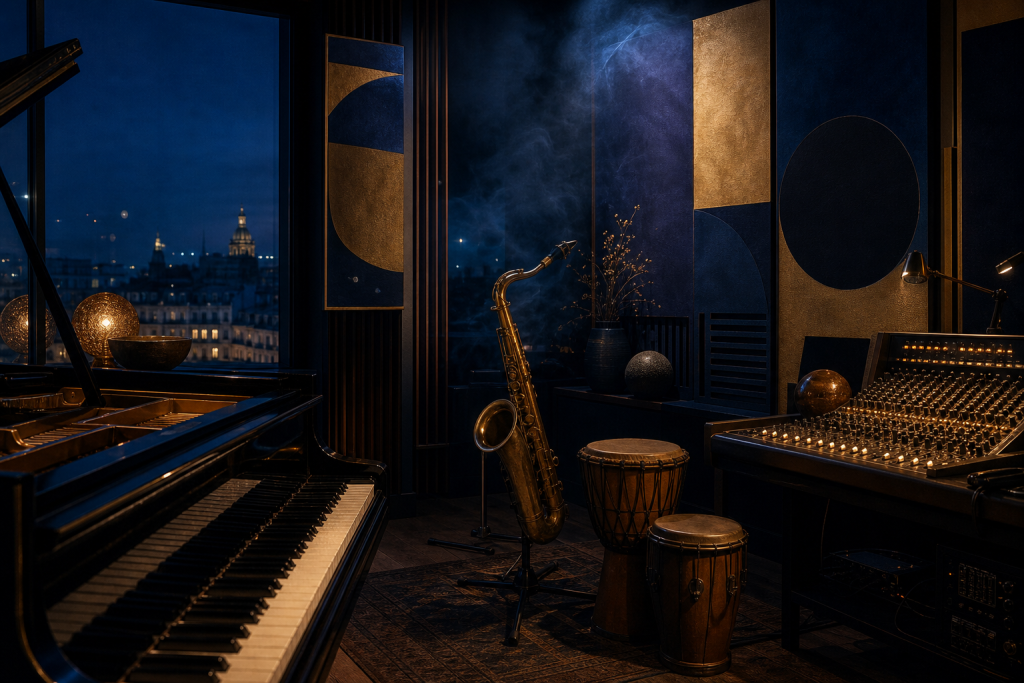 Studio vide avec piano, saxophone, percussions et console analogique