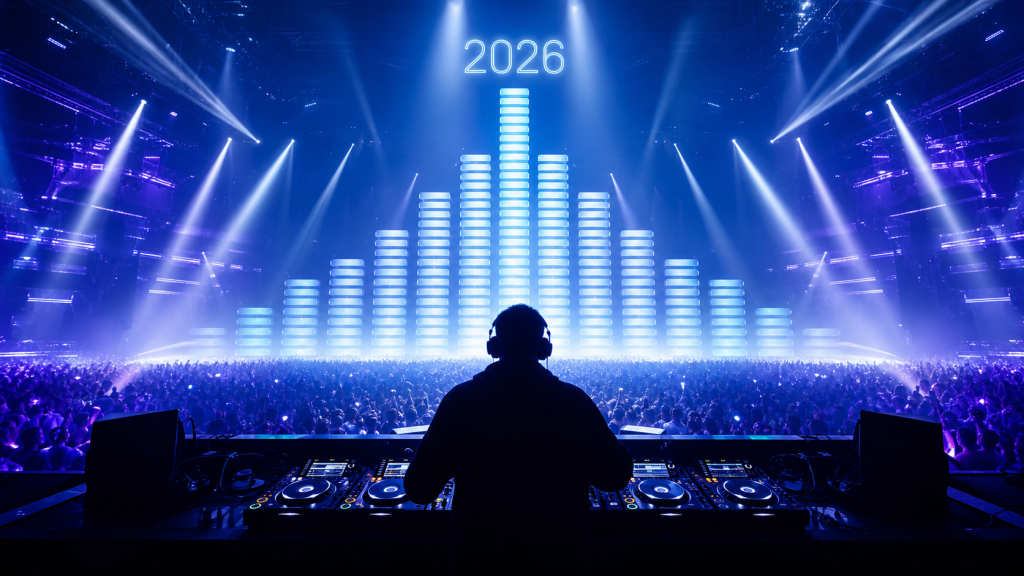 DJ anonyme face à une foule et à un égaliseur lumineux formant un classement en 2026