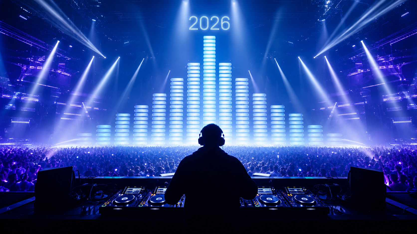 DJ anonyme face à une foule et à un égaliseur lumineux formant un classement en 2026