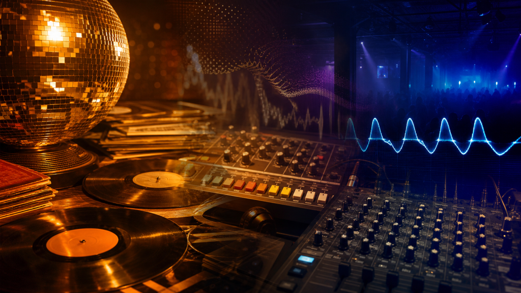 Vinyles disco, boîte à rythmes et console de mixage reliant le disco à la house